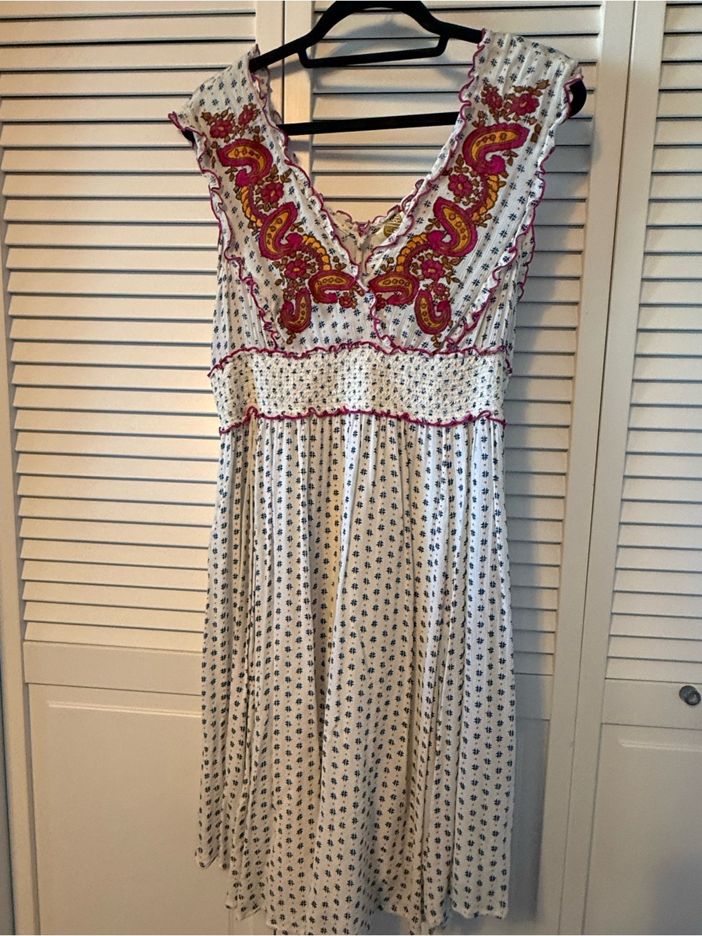 Anthropologie Boho White Midi Dress with Pink & Gold Embroidery